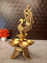 DecorsOne Brass Five face Peacock Diya With Decorative Base 12″