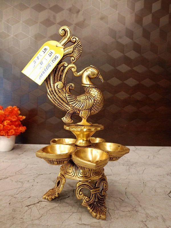 DecorsOne Brass Five face Peacock Diya With Decorative Base 12″