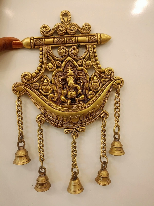Brass Wall Mount Ganesha Plate With Bell , Pure And Antique Finish , Handicraft Statue / 