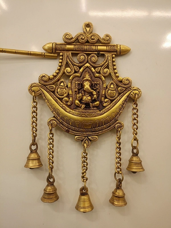 Brass Wall Mount Ganesha Plate With Bell , Pure And Antique Finish , Handicraft Statue / 