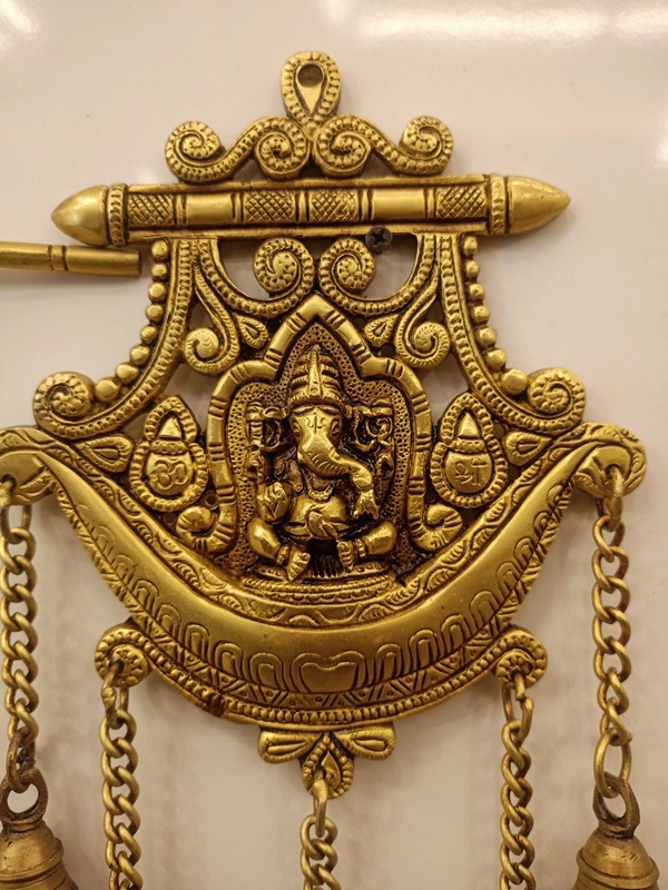 Brass Wall Mount Ganesha Plate With Bell , Pure And Antique Finish , Handicraft Statue / 