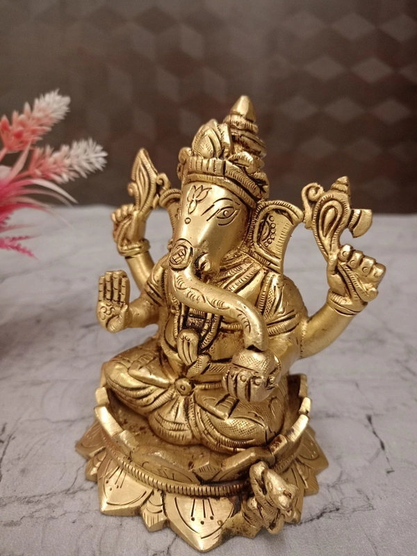 Buy Brass Ganesha Sitting On Lotus , Pure Antique And Handicraft Idol 