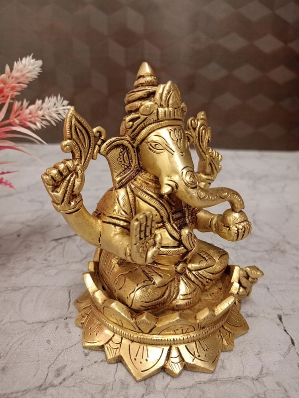 Buy Brass Ganesha Sitting On Lotus , Pure Antique And Handicraft Idol 