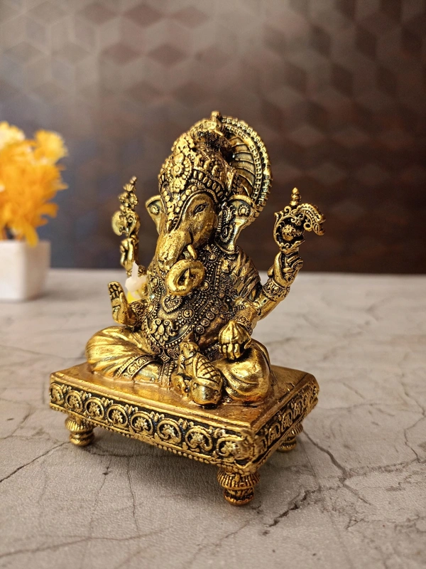 Brass Fine Art Ganesha Sitting On Chowki Stand