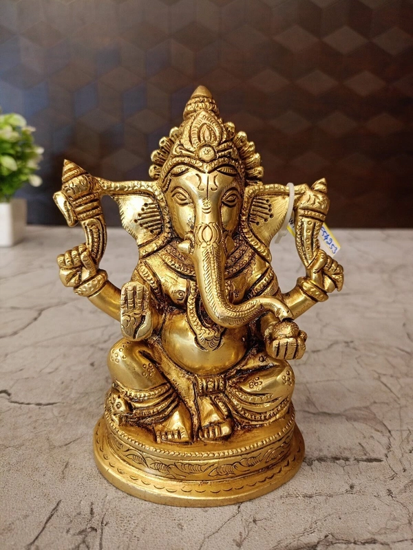 Brass Ganesha Sitting On Round Base , Pure And Antique Finish / Handicraft Statue , God of New Beginnings