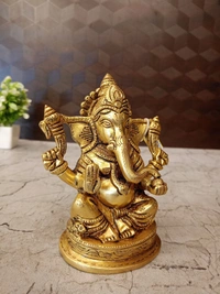 Brass Ganesha Sitting On Round Base , Pure And Antique Finish / Handicraft Statue , God of New Beginnings