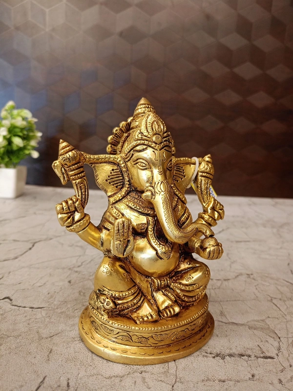 Brass Ganesha Sitting On Round Base , Pure And Antique Finish / Handicraft Statue , God of New Beginnings