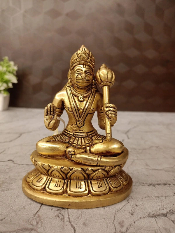 Brass Hanuman Idol Sitting On Lotus Oval Base 