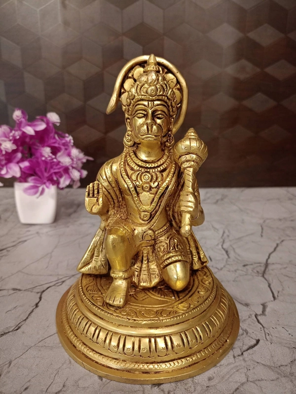 Brass Hanuman Statue Sitting On Round Base