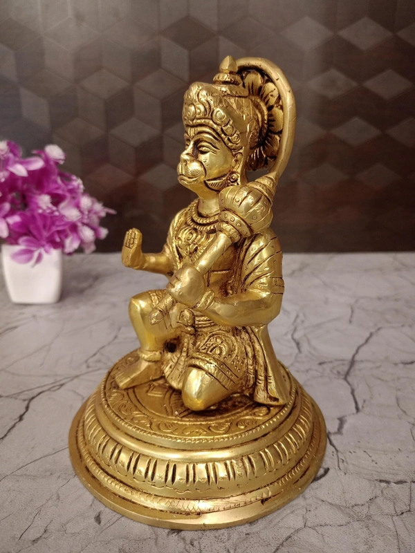 Brass Hanuman Statue Sitting On Round Base