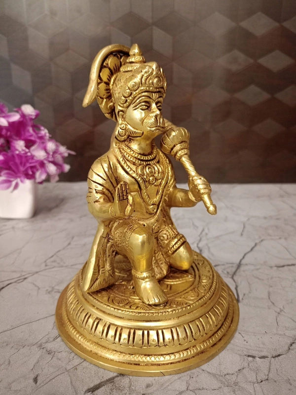 Brass Hanuman Statue Sitting On Round Base