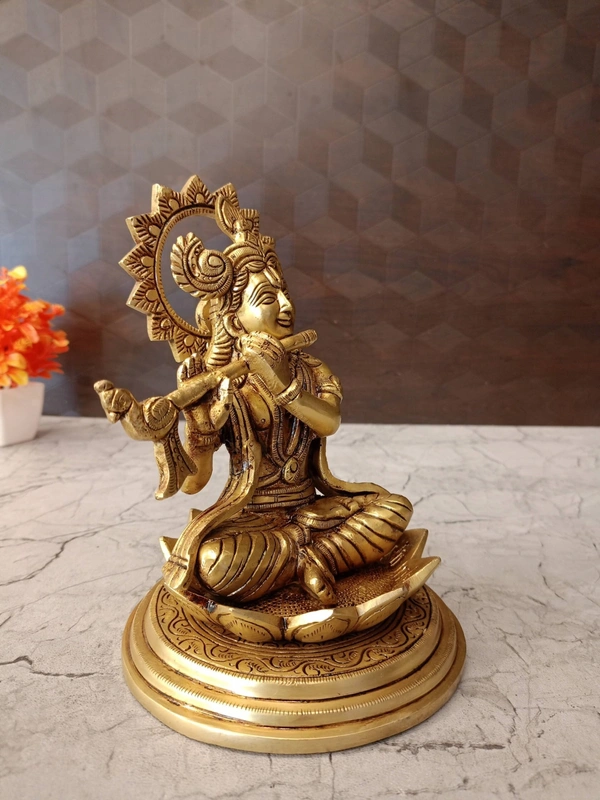 Brass Krishna Sitting On Lotus