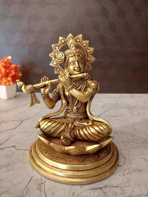 Brass Krishna Sitting On Lotus