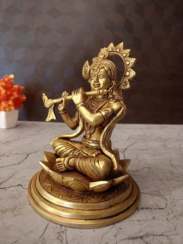 Brass Krishna Sitting On Lotus