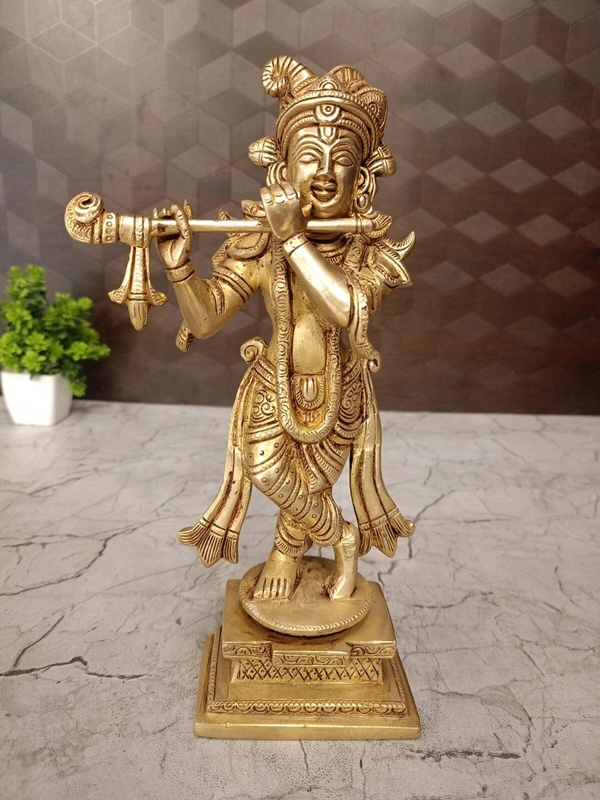 DecorsOne Brass Krishna with Square and Round Base- 9.5″