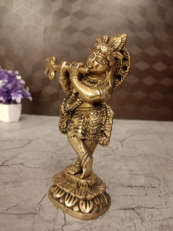 DecorsOne Brass Krishna Standing on Lotus Base Antique Idol- 9″