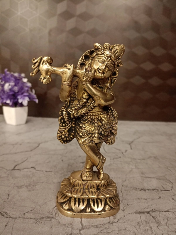 DecorsOne Brass Krishna Standing on Lotus Base Antique Idol- 9″