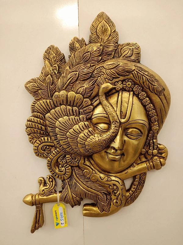 Brass Krishna Face with Flute Wall Hanging