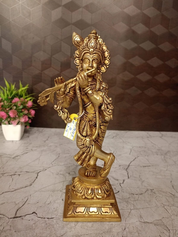 DecorsOne Brass Krishna with Floral Base Idol- 10″