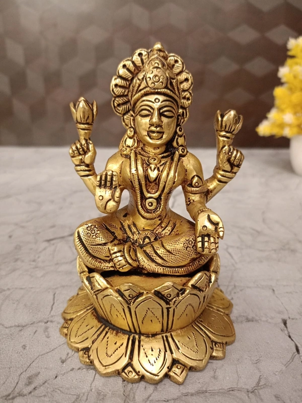  Brass Lakshmi Idol Sitting On Lotus 