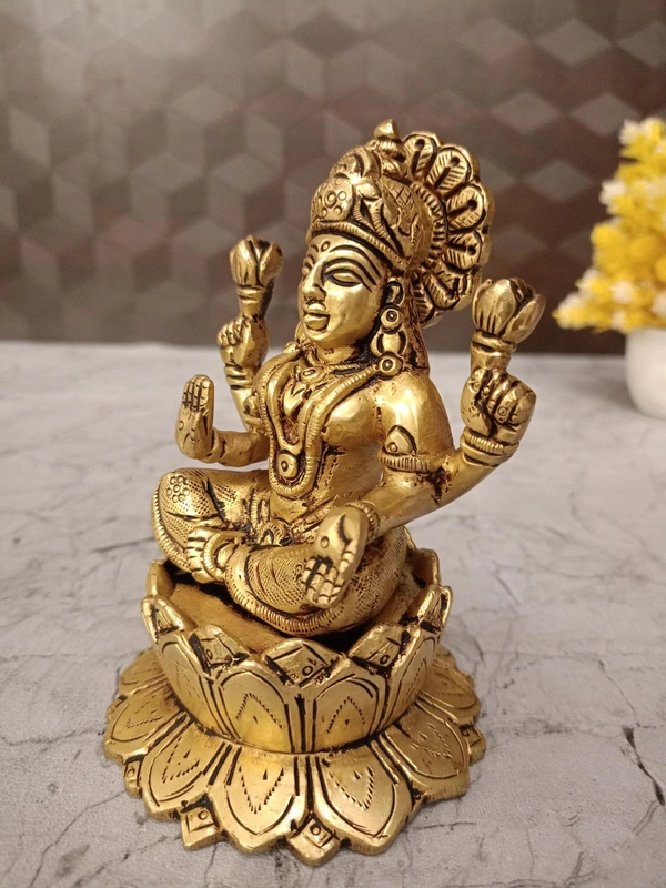  Brass Lakshmi Idol Sitting On Lotus 
