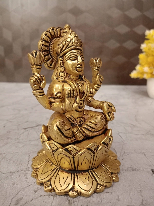  Brass Lakshmi Idol Sitting On Lotus 