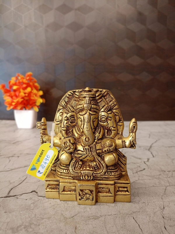 Brass Panjamuga Ganesha / Divine Energy And Protection , Antique And Handicraft Idol 