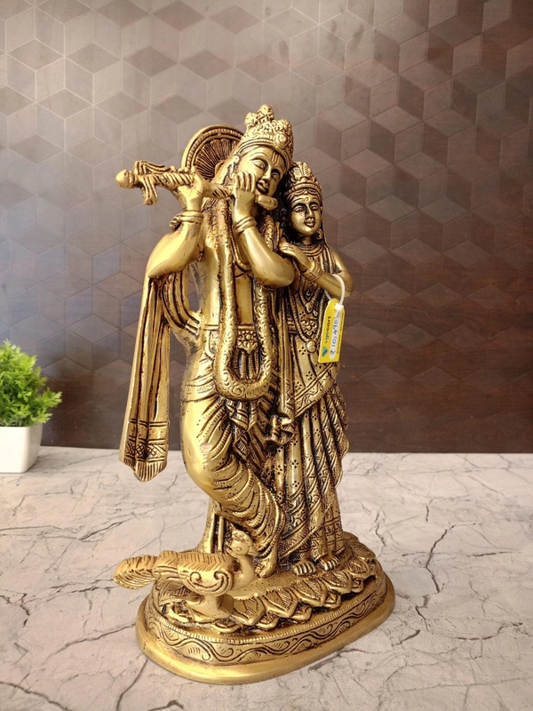 DecorsOne Elegant Brass Radha Krishna Statue | Divine Murti for Pooja Room, Home Decor & Auspicious Wedding Gift