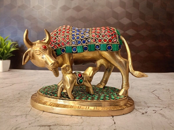 Brass Stone Cow And Calf Idol