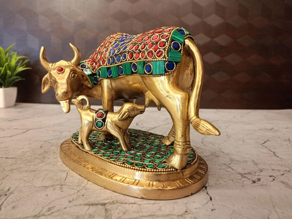 Brass Stone Cow And Calf Idol