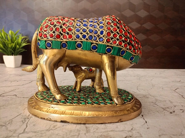 Brass Stone Cow And Calf Idol