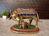 Brass Stone Cow And Calf Idol 