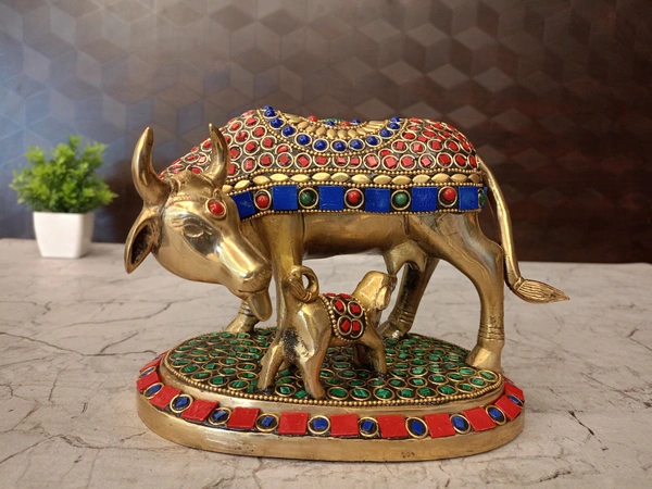 Brass Stone Cow And Calf Idol 