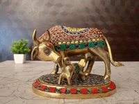 Brass Stone Cow And Calf Idol 