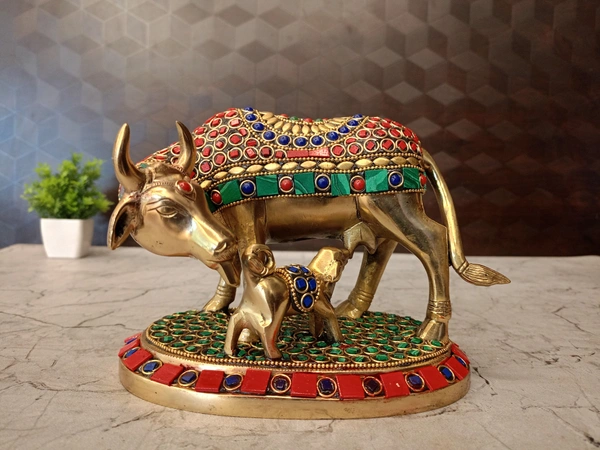 Brass Stone Cow And Calf Idol 