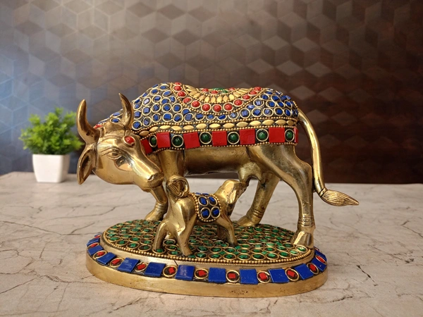 Brass Stone Cow And Calf Idol 