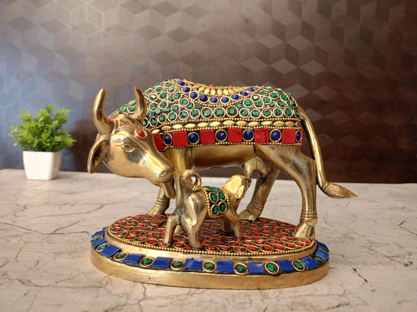 Brass Stone Cow And Calf Idol 