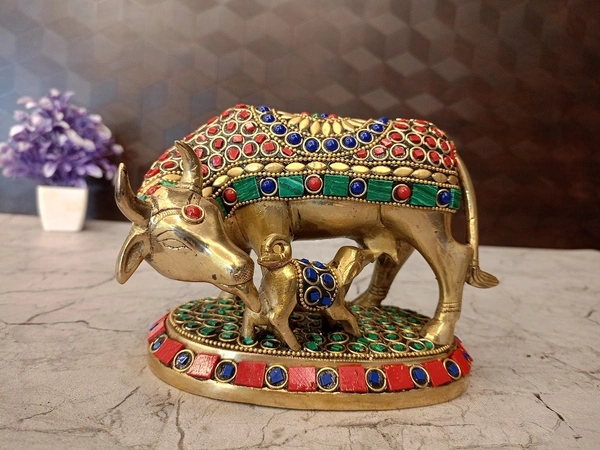 Brass Stone Cow And Calf Idol For Pooja