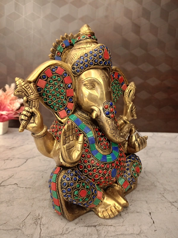 DecorsOne Brass Stone Ganesha Idol For Pooja & Home Decor 10"