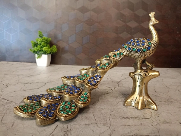 Buy Brass Stone Peacock , Blue And Green Stone Handicraft Idol 