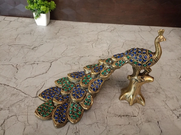 Buy Brass Stone Peacock , Blue And Green Stone Handicraft Idol 