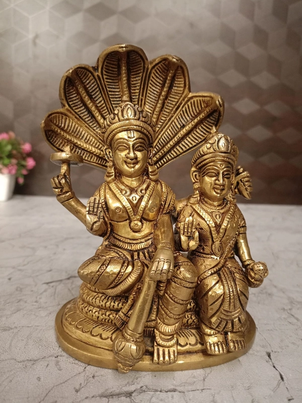 Brass Lord Vishnu and Lakshmi on Snake or Sheshnag Idol