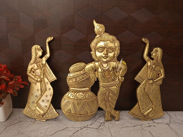Brass Krishna With Decor Lady Wall Mount 10″