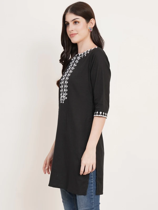 Brownverse Pure Cotton Embroidered Women Short Kurta - XS, Black