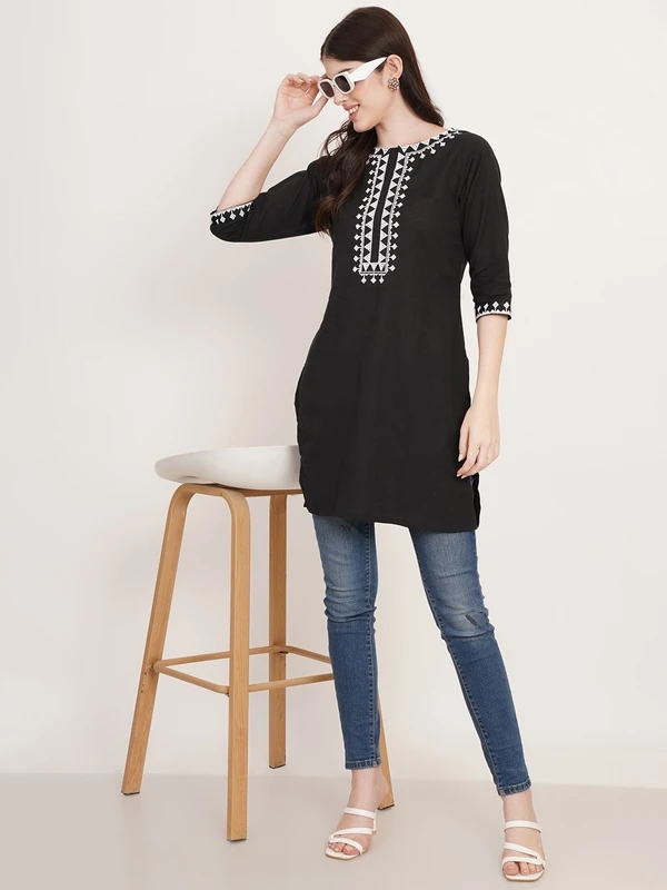 Brownverse Pure Cotton Embroidered Women Short Kurta - XS, Black