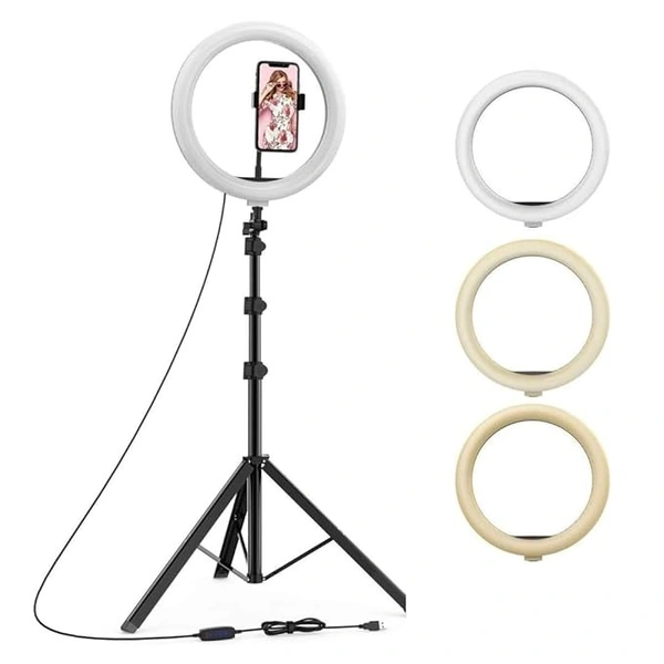MMS TRADERS® 10 Inch Ring Light with Tripod Stand & Phone Holder, Dimmable LED Selfie Light for Live Stream Video/YouTube Video/Makeup, Ring Light with Stand Compatible with Android Mobile Phones Ring Flash (Black, White) .
