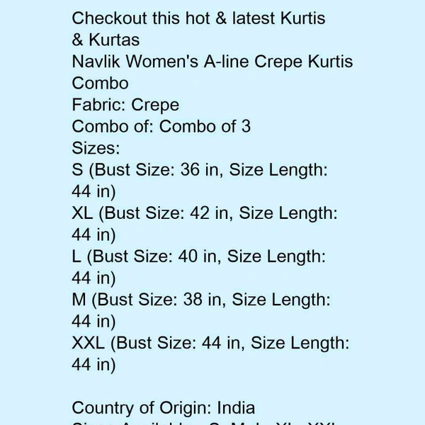 Long Top For Girls (pack Of 3) - Multi color , M, L, XL, XXL