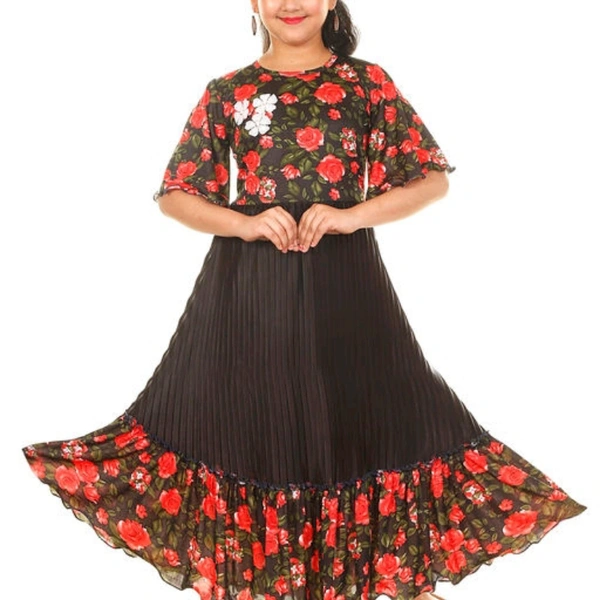 Gown Frocks For Girls  - black / Red printed , 7-14 years 