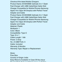 3 In 1 Dash Fast Charger With USB Cable  - Black , free 