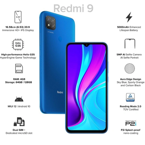 Redmi 9 (Sky Blue, 4GB RAM, 64GB Storage)| 5000 mAh| 2.3GHz Mediatek Helio G35 Octa core Processor - Blue 